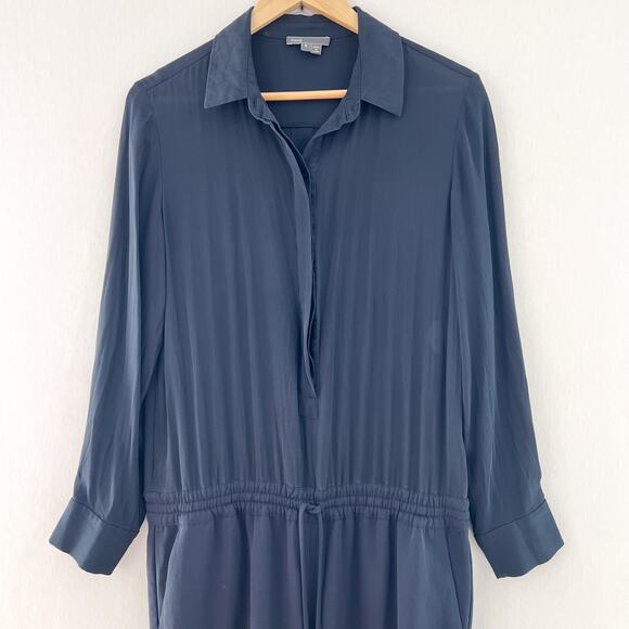 Vince Mixed Media Jumpsuit 8 Silk Long Sleeve Tapered Leg Drawstring Navy Blue - Picture 3 of 10